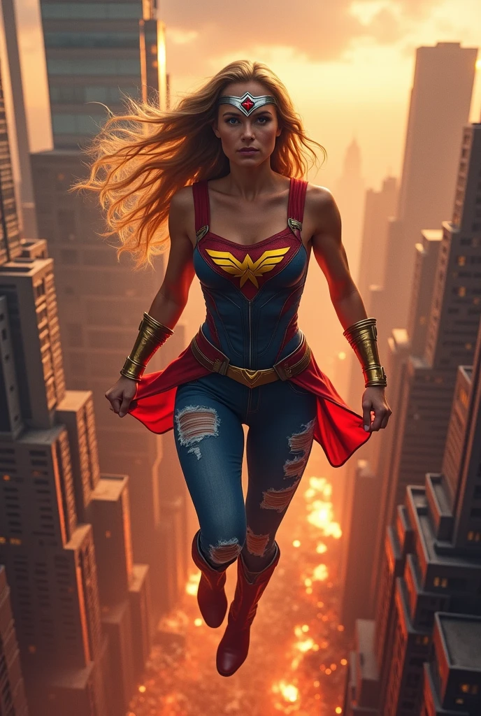 A beautiful woman with long blonde hair wearing a red and blue top with a yellow eagle-like emblem on her chest with ripped blue jeans, boots and gold bracelets, a silver headband with a red star on her forehead flying over an apocalyptic city skyscrapers on fire bloody and scary images