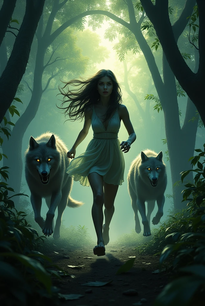 warewolfs are chasing An innocent, pretty and most beautiful girl running through the jungle. 