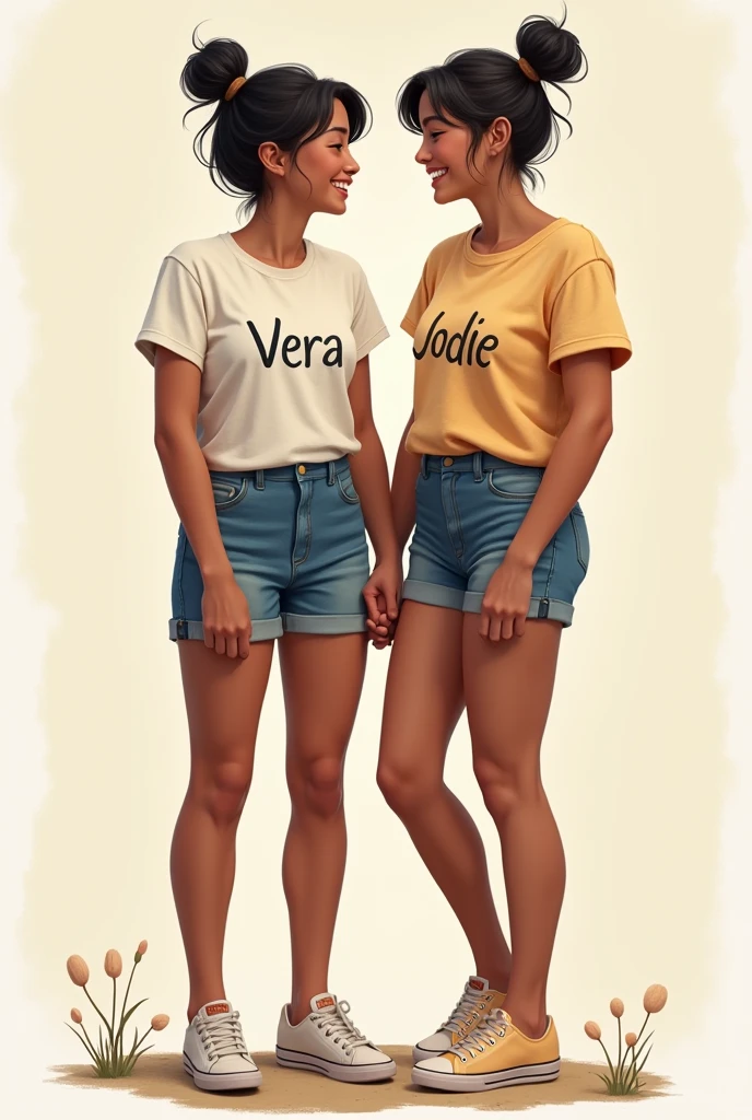 two besties, light brown skin girls,wearing shirts with the name vera and jodie name on them,wearing shorts and sneakers,holding hands and laughing together make it realistic,one girl with short hair and the other with her hair tied up