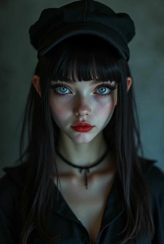 A white girl with big eyes and eyelashes, thin nose, thick lips a little red and straight hair in cap, with a very small waist, dark style