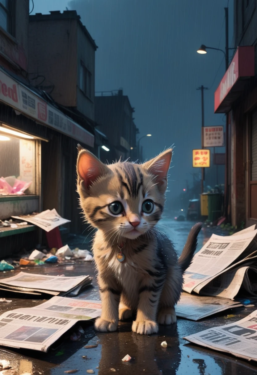 Abandoned scenes, young kitten looking for food. a lot of rubbish, old newspapers, old neon signs, low light, it's raining, everything is wet. story, comic strips, story progression