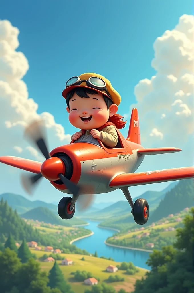 Draw me a picture of a chubby boy flying a plane.