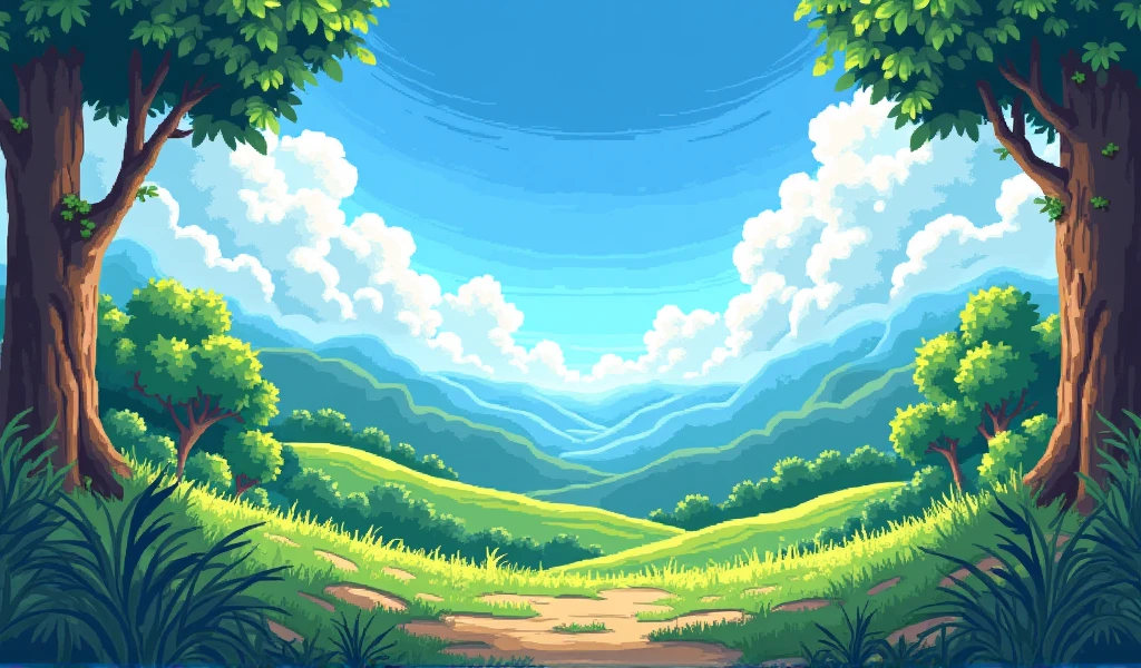 a background for a game menu with INFMON written in capital letters at the top middle of the screen, all this in the form of pixel art on a sunny day in nature like in a video game

