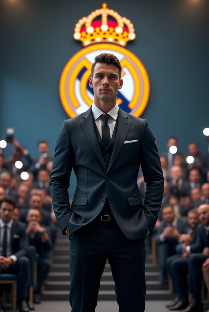 create this player in a black suit at a press conference being introduced by real madrid