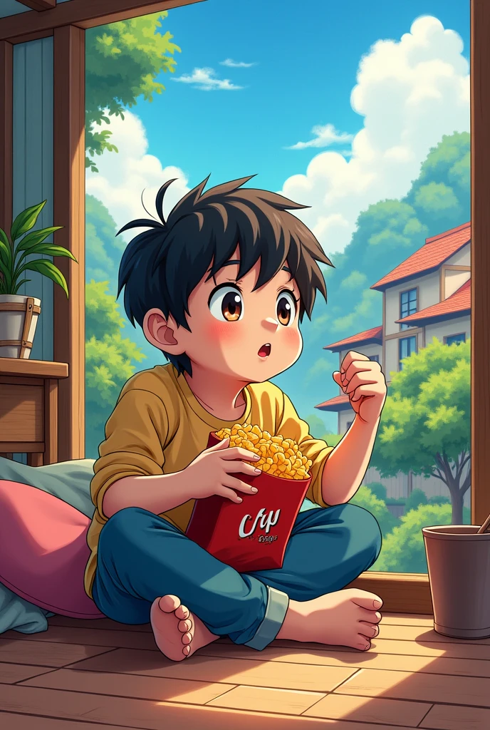 Boy eating chips while watching 2d anime drawing style