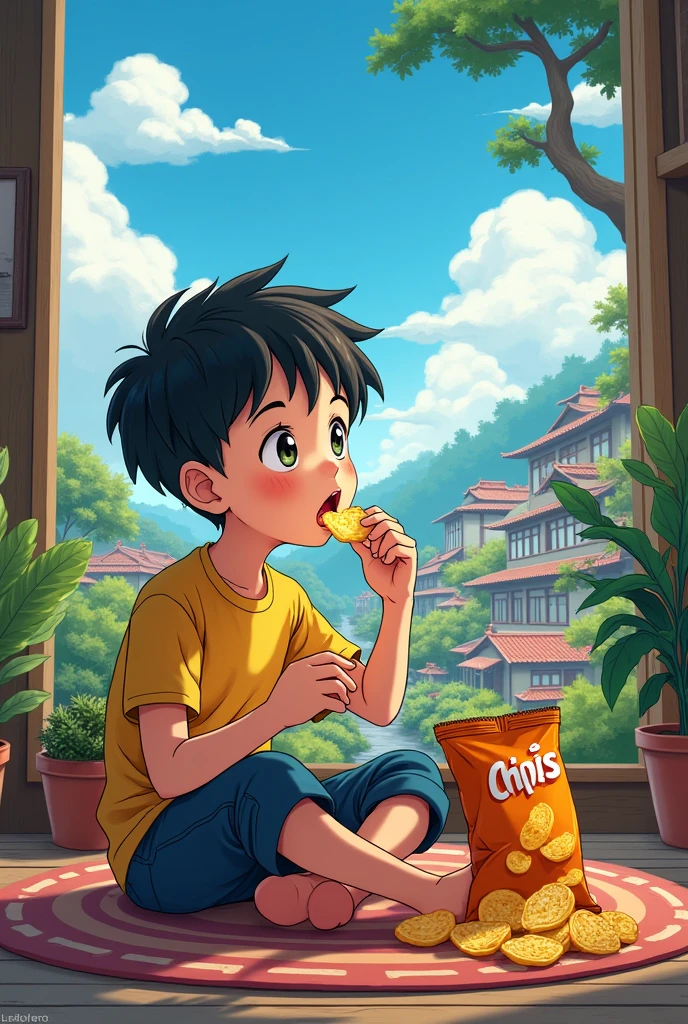 Boy eating chips while watching 2d anime drawing style