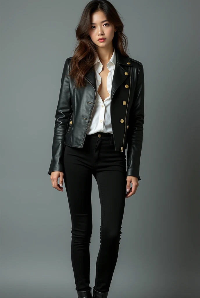 A photo of a fashionable and sexy Korean K-pop idol in a photo studio. She is wearing a black leather jacket with gold buttons and a white shirt underneath. The jacket is unbuttoned, revealing her cleavage. She also wears black pants and black boots. Her hair is styled in loose waves. The background is a gray wall.
