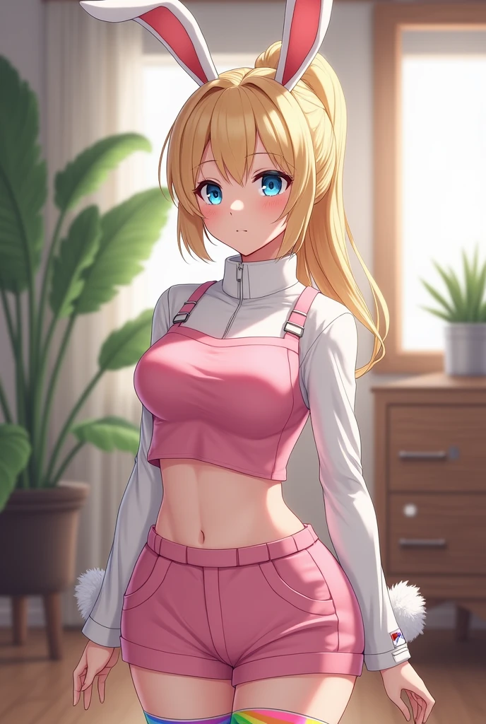 female, anthropomorphic rabbit, white fur, blue eyes, solo, blonde hair, ponytail, straight bangs, blue eyes, short, curvy body, flat chest, pink croptop, shorts, rainbow thigh high, indoors, en una sala amueblada, highly detailed, realistic, fotografía centrada en ella.