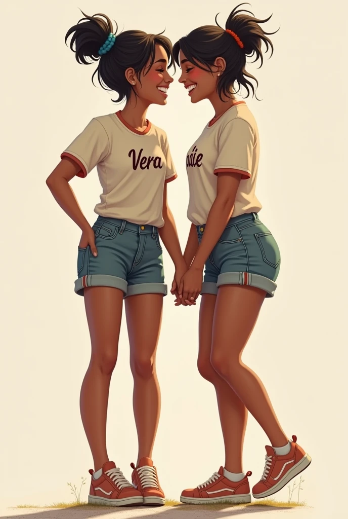 two besties, light brown skin girls,wearing shirts with the name vera and jodie name on them,wearing shorts and sneakers,holding hands and laughing together make it realistic,one girl with short hair and the other with her hair tied up