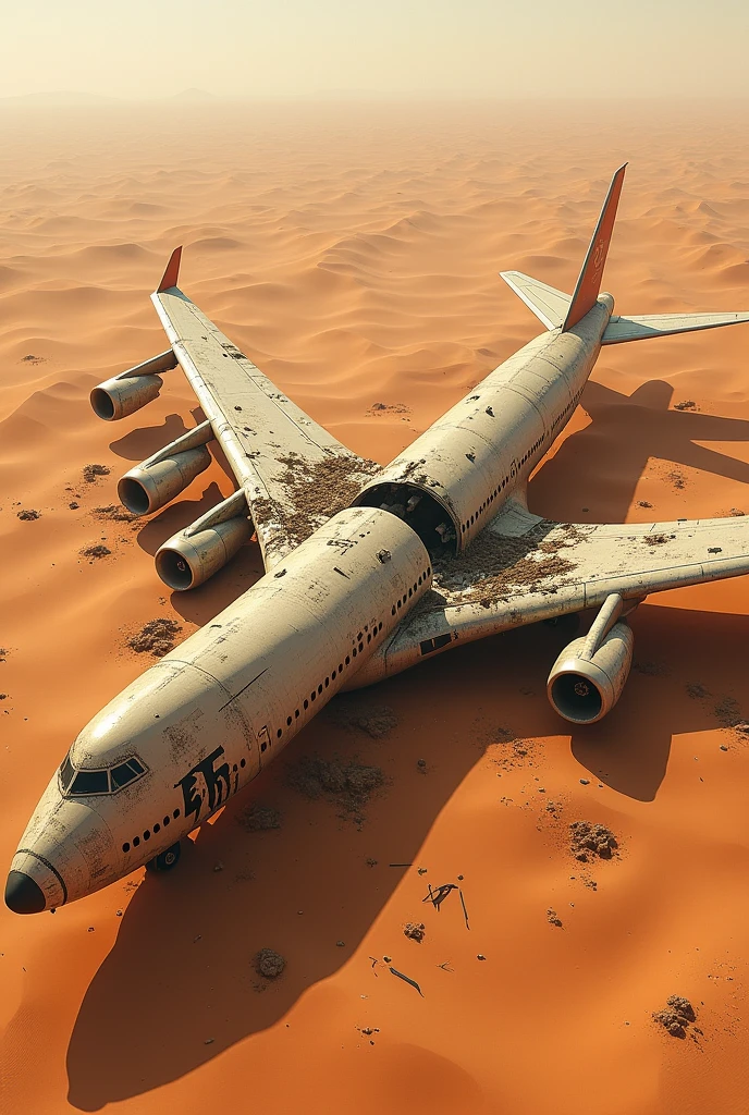 The wreckage of a Boeing 747 passenger plane is stranded in the middle of a vast, seemingly endless desert., The condition of the fuselage is split in two