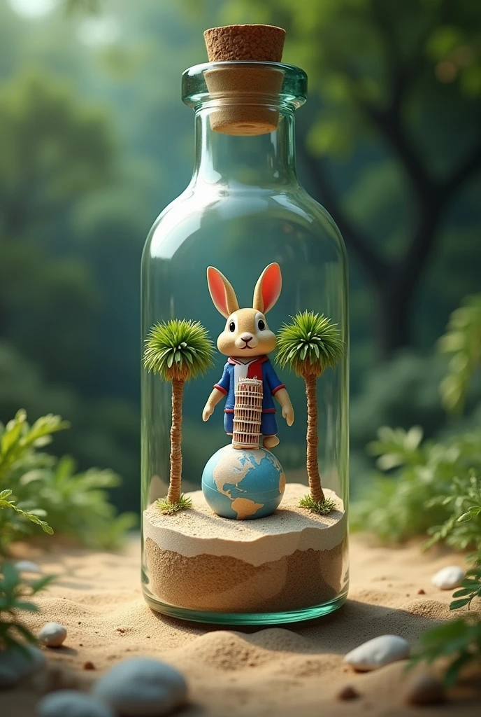A beach inside a bottle with a small globe inside, and on the globe there will be a rabbit wearing the French national team jersey in front of the Leaning Tower of Pisa in a forest