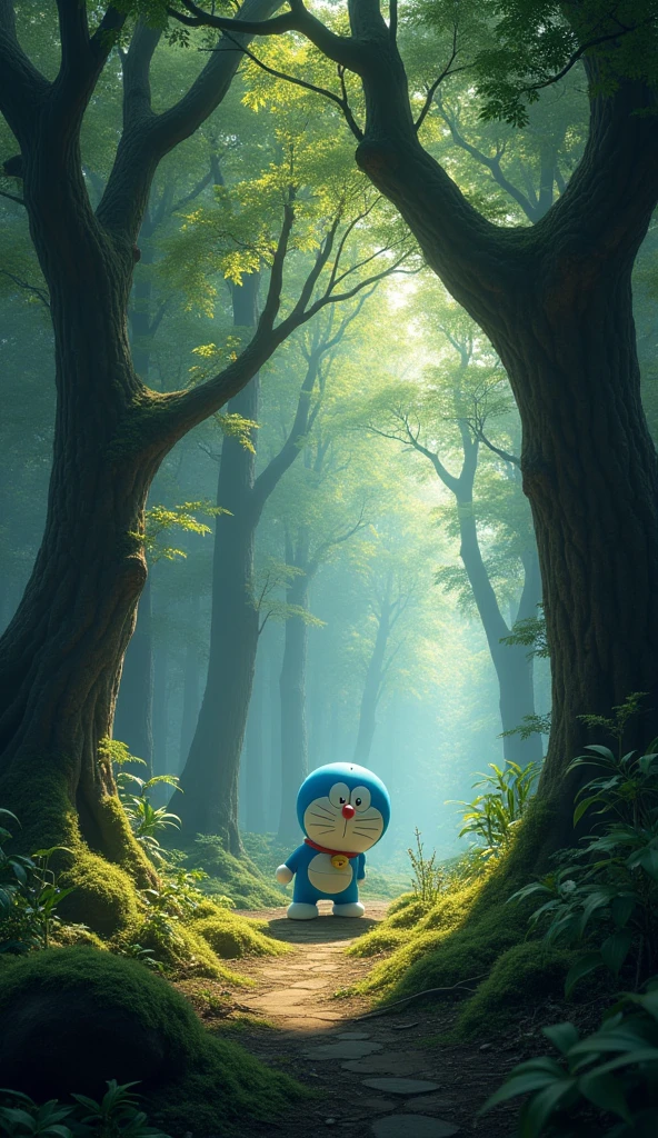 Doraemon is walking in a dense forest., with tall ancient trees and foliage covering the sky. Only a few rays of sunlight penetrated., create a dark and mysterious space.