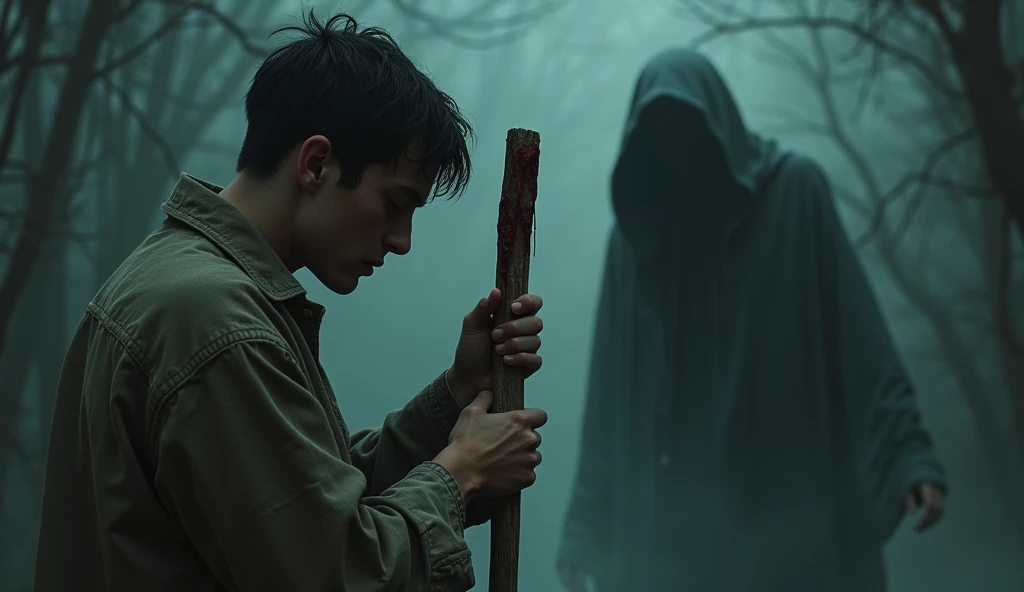 a ghostly figure of a dark woman watching as a young man holds a wooden stick covered in blood with both arms, The young man looks visibly tired and has a lost look, atmosphere of fear and horror.