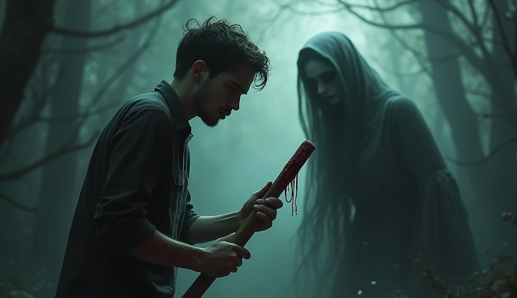 a ghostly figure of a dark woman watching as a young man holds a wooden stick covered in blood with both arms, The young man looks visibly tired and has a lost look, atmosphere of fear and horror.
