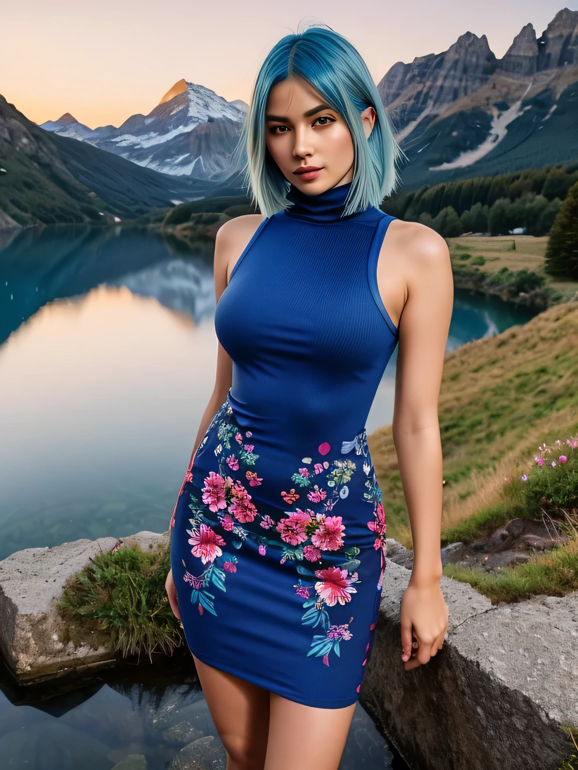 (blue hair:1.4), short hair, realistic green eyes, cobalt hair, long bob hair, tousled hair, shoulder length hair, Full body, woman with white skin and Asian features, 24 year old, big breast. Her face has an oval shape with high cheekbones that add to her model-like appearance. (crack), detailed (texture!, shine, color!!, flaws: 1.1), highly detailed glowing eyes, (looking at camera), specular light, dslr, extreme quality, crystal clear, cute face, detailed skin pores, oil Dark skin, brown, complex eye details, she is far from the camera, A full-body portrait, captured from a distance. Dynamic Frame, 8K, beautiful, realistic, (scenic view from beautiful european landscape:1.3), looking at viewer, full body shot , ((colorful floral print tight turtleneck dress)), (short hair:1.3)