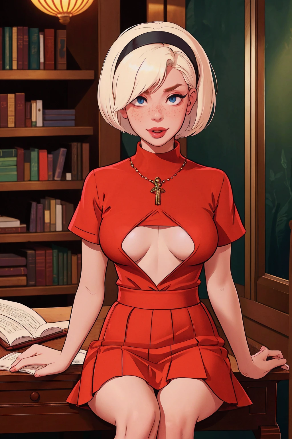 { masterpiece : best quality : high resolution : unity 8k wallpaper : illustration : beautiful detailed eyes : extremely detailed face : perfect lighting : extremely detailed CG } { in a dark creepy library } { Sabrina Spellman : : platinum blonde short hair with red hairband : perfectly small shape breast : freckles : perfectly fit body :red turtleneck shirt : red skirt : studying : sitting at a study table }, looking at viwer