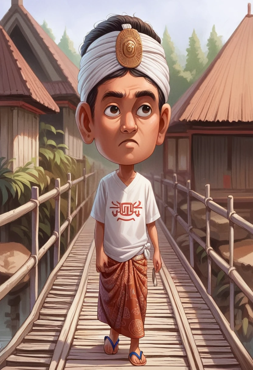 A 25th Indonesian youth. Wearing a white kopyah, wearing a shirt that says "RubyART", sarong and flip-flops walking on an ancient bridge made of bamboo. The background in Sanur, Bali, in the afternoon, is an ancient residential house made of planks and thatched roofslooks like real.best image, high resolution