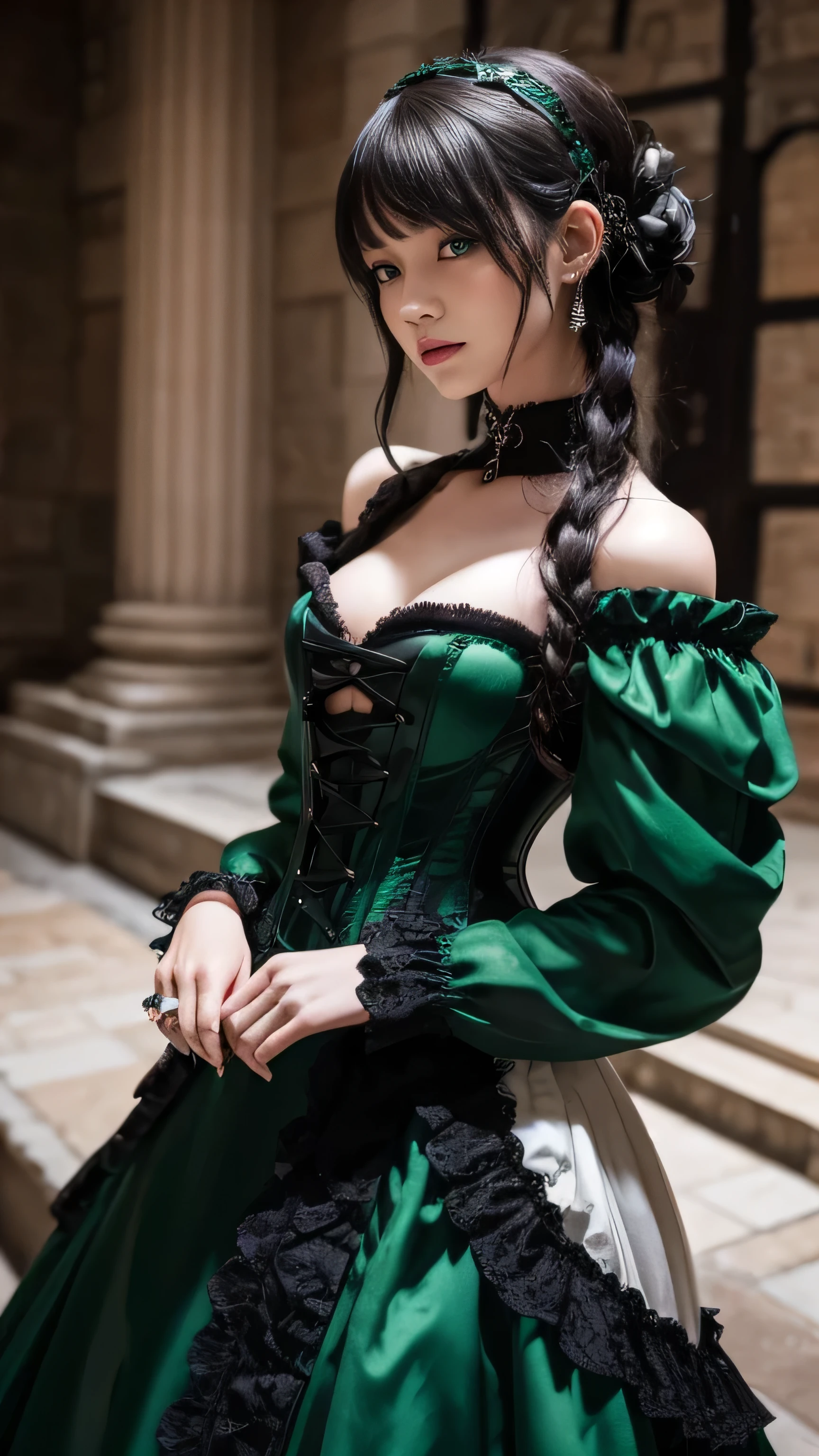 **Prompt:** Create an ultra-realistic 8K resolution image of a Basilisk reimagined as an ultimate Gothic Lolita girl while retaining the iconic features of the legendary serpent. The girl has smooth, pale skin with a subtle green undertone, evoking the scales of a Basilisk. Her eyes are a striking, deep green with slit pupils, glowing with a mysterious intensity. Her hair is styled in elaborate, dark ringlets that cascade down her back, with small, serpent-like accessories woven throughout, adding a sinister charm to her look. She wears a lavish Gothic Lolita dress in deep emerald green and black, adorned with intricate lace, ribbons, and serpentine motifs. The dress has a high collar and puffed sleeves, with a corset that accentuates her slender waist. The skirt flares out in layers of ruffled fabric, each layer detailed with dark, shimmering scales. Her fingers are delicate, tipped with sharp, claw-like nails painted a deep black. The background is a dimly lit, ancient castle with stone walls and gothic arches, with shadows casting an eerie ambiance around her. The image perfectly blends the terrifying elegance of the Basilisk with the dark, refined beauty of a Gothic Lolita girl.