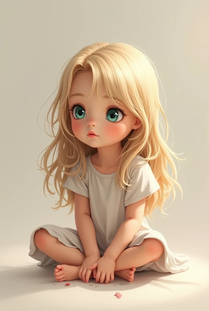 a sitting, she has blue eyes and blonde hair