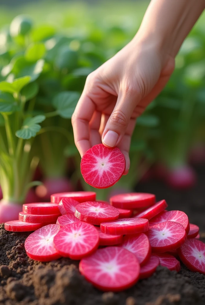 Hand picking a slice of radish