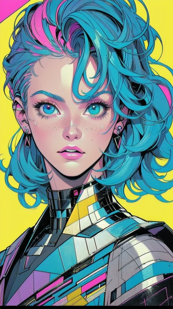 masterpiece, best quality, 1girl, solo, retro futuristic cyborgwoman, seamlessly blending mechanics and elegance. fit, small breasts, blueish skin, with magenta hair, fashion modeling pose, form fitting pastel green and pink with black colorblocking swimsuit-like-armor , happy, wild hair, humanoid face with bigger eyes and some cyberparts holding a retro futuristoc space-gun, plain background, dark colors, Anime, Cartoon, Comic Book, Concept Art