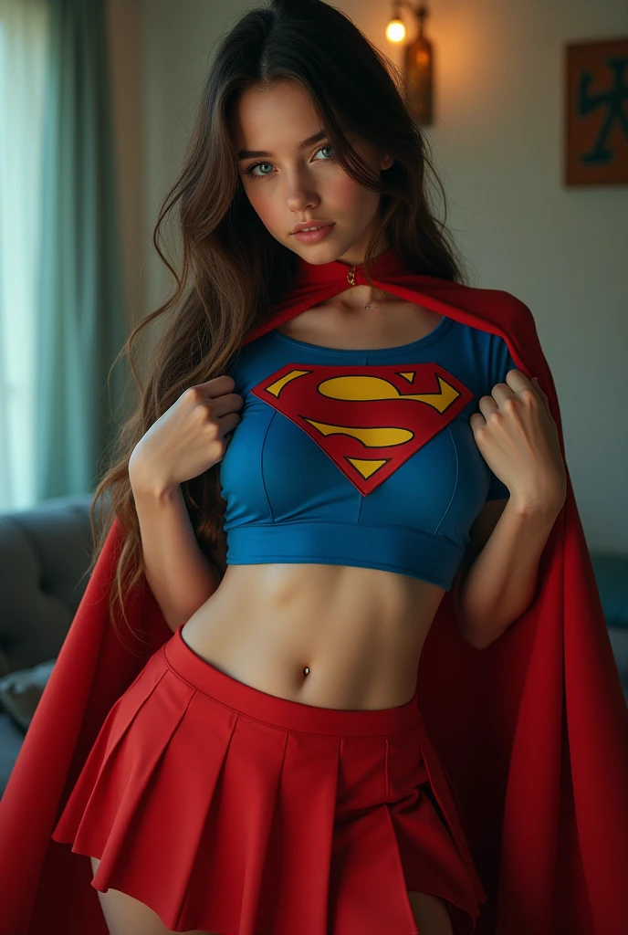 full view of A SEXY TEENAGE FEMALE WITH PEARL BLUE EYES AND LONG MESSY HAIR WEARING A CLASSIC BLUE SUPERMAN CROP TOP COSTUME, RED PLEATED SKIRT AND RED SUPERMAN CAPE. large breasts, incredibly detailed skin and eyes, seductive poses, 8K resolution, masterpiece, ultra-detailed, realistic, photo-realistic, vivid colors, dramatic lighting, cinematic composition
