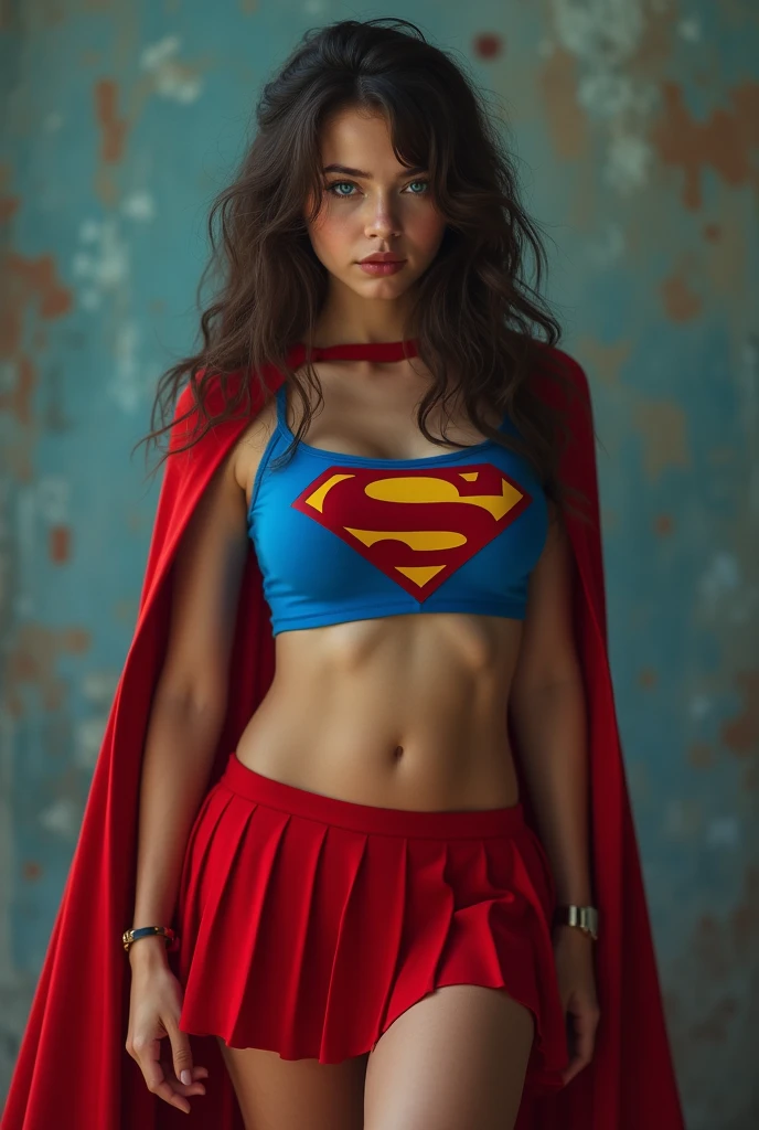 full view of A SEXY AGE FEMALE WITH PEARL BLUE EYES AND LONG MESSY HAIR WEARING A CLASSIC BLUE SUPERMAN CROP TOP COSTUME, RED PLEATED SKIRT AND RED SUPERMAN CAPE. large breasts, incredibly detailed skin and eyes, seductive poses, 8K resolution, masterpiece, ultra-detailed, realistic, photo-realistic, vivid colors, dramatic lighting, cinematic composition