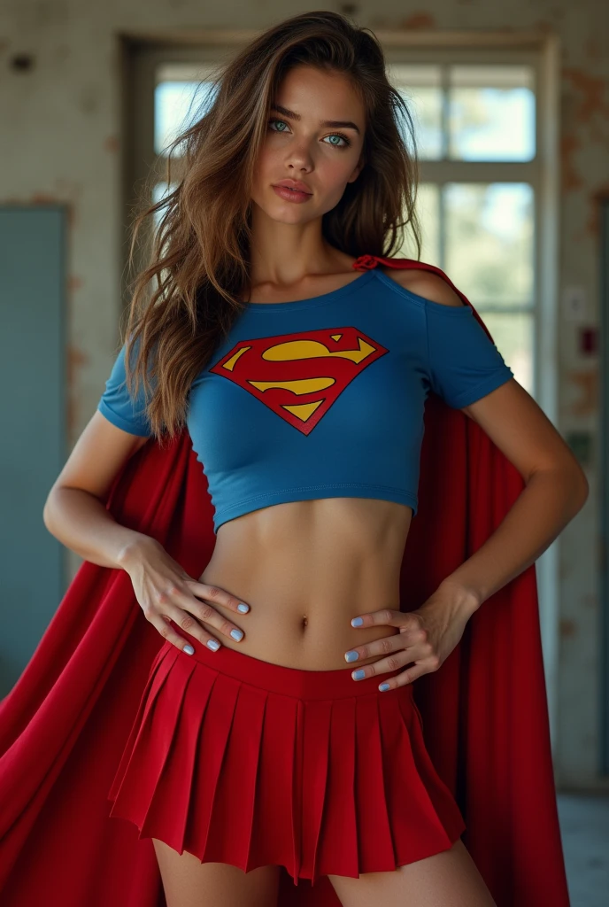 full view of A SEXY TEENAGE FEMALE WITH PEARL BLUE EYES AND LONG MESSY HAIR WEARING A CLASSIC BLUE SUPERMAN CROP TOP COSTUME, RED PLEATED SKIRT AND RED SUPERMAN CAPE. large breasts, incredibly detailed skin and eyes, seductive poses, 8K resolution, masterpiece, ultra-detailed, realistic, photo-realistic, vivid colors, dramatic lighting, cinematic composition