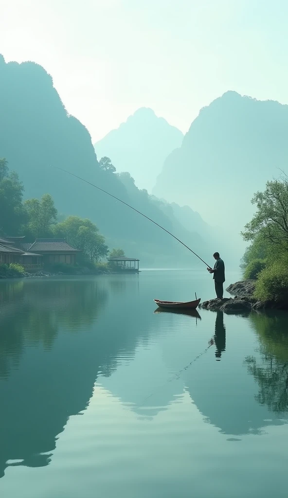 Beautiful distant mountains+Light boat+Trees and tiled houses+Close shot of fisherman fishing、.Soft background.More dreamy and ethereal atmosphere.Cover the screen.More obvious gradation.Bokeh effect.The overall picture is minimalist but rich in layers,Elegance reveals a vague romantic charm。Meticulous photography techniques,Capturing the Zen and tranquility of the tea ceremony,Demonstrate high-quality visual experience。
