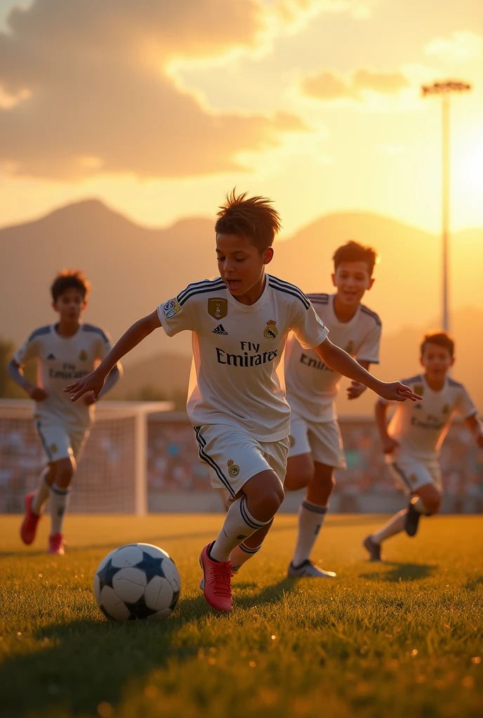 Many boys playing football in a real Madrid jersey in a open stadium and a beautiful hill and mountain in the background with a sun setting 