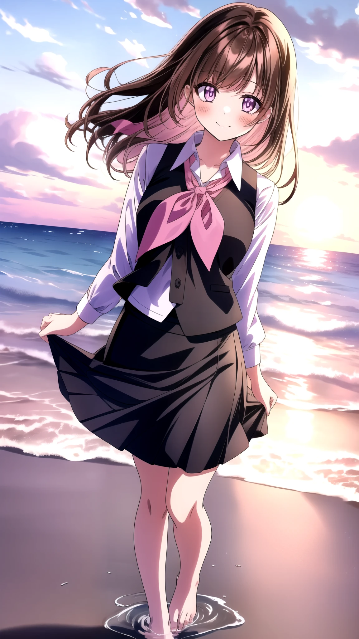 Anime illustration - Shin○ amagi OL, One person, Purple eyes, Black brown hair, collared shirt, shirt, skirt, blush, white shirt, neckerchief, black vest, black mini skirt, medium chest, checkered floor, pink ribbon, striped bow, ribbon, blush, Cute Smile Open your mouth, Are standing, (She walked along the beach in the sunset, her bare feet touching the water, the closest she came to seeing that smile), barefoot, Two Arms, (cinematic angle:1.1),