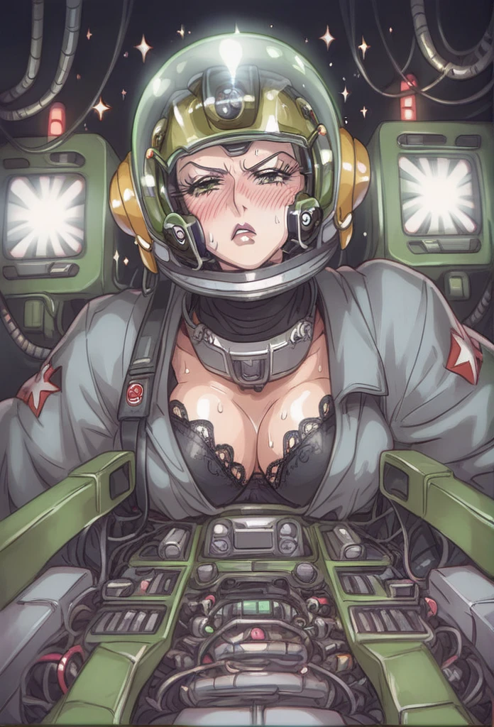 score_9, score_8_up, score_7_up, ((gothic vampire piloting in gothic spacecraft)), vintage anime, ((from below)), ((120 fov)), ((((gothic)) control panels)), ((mature)), (((gothic))), iridescent bodysuit, ((lace accessories)), ((pilot seat)), ((((lying back)) pose)), ((elegant)), (((serious tone))), futuristic, ((cockpit top control panel)), intricate control panel details, 1990s (style), [blushing], sweat, ((claustrophobic)), sparkles, screens, (pilot helmet), ((hands on controls)), ((cockpit lights))