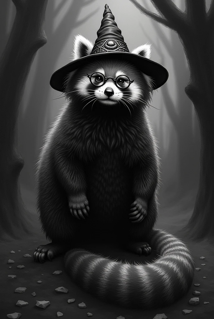A black and white illustration in gothic style of a red panda with round glasses and wearing a wizard hat, with a long tail, with elements of horror and fantasy