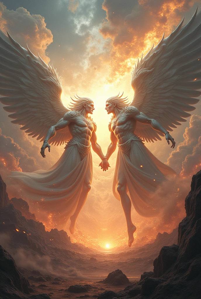two divine beings fighting on an epic battlefield 