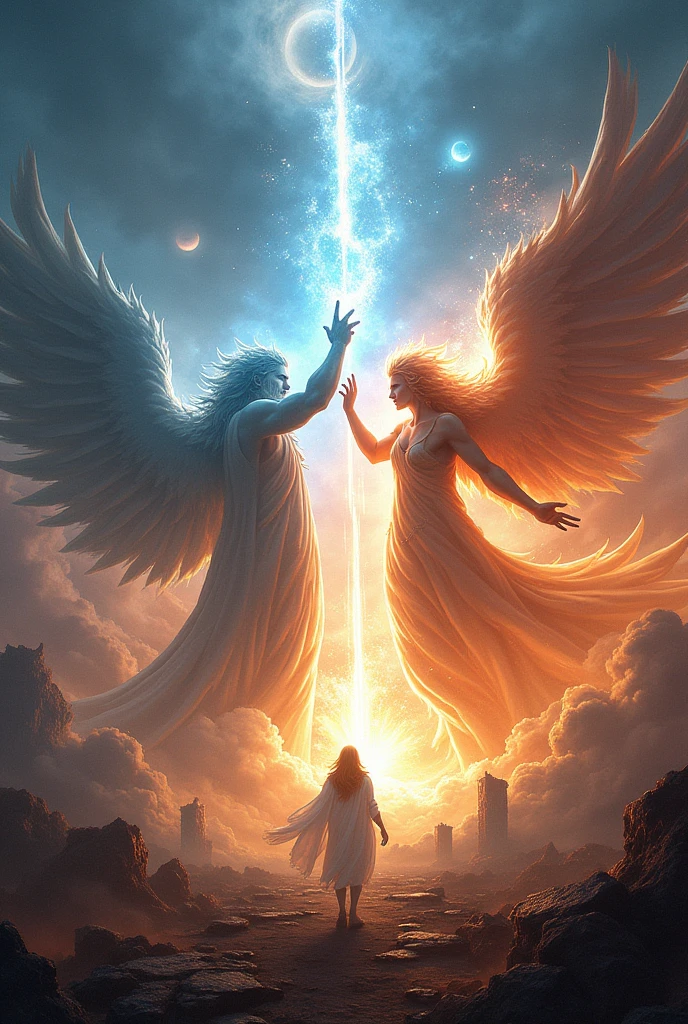 two divine beings fighting on an epic battlefield