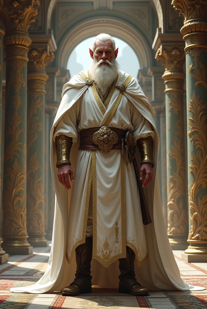 in a medieval world.
A 50 year old elf , brawny,wearing a white noble outfit ,inside a palace