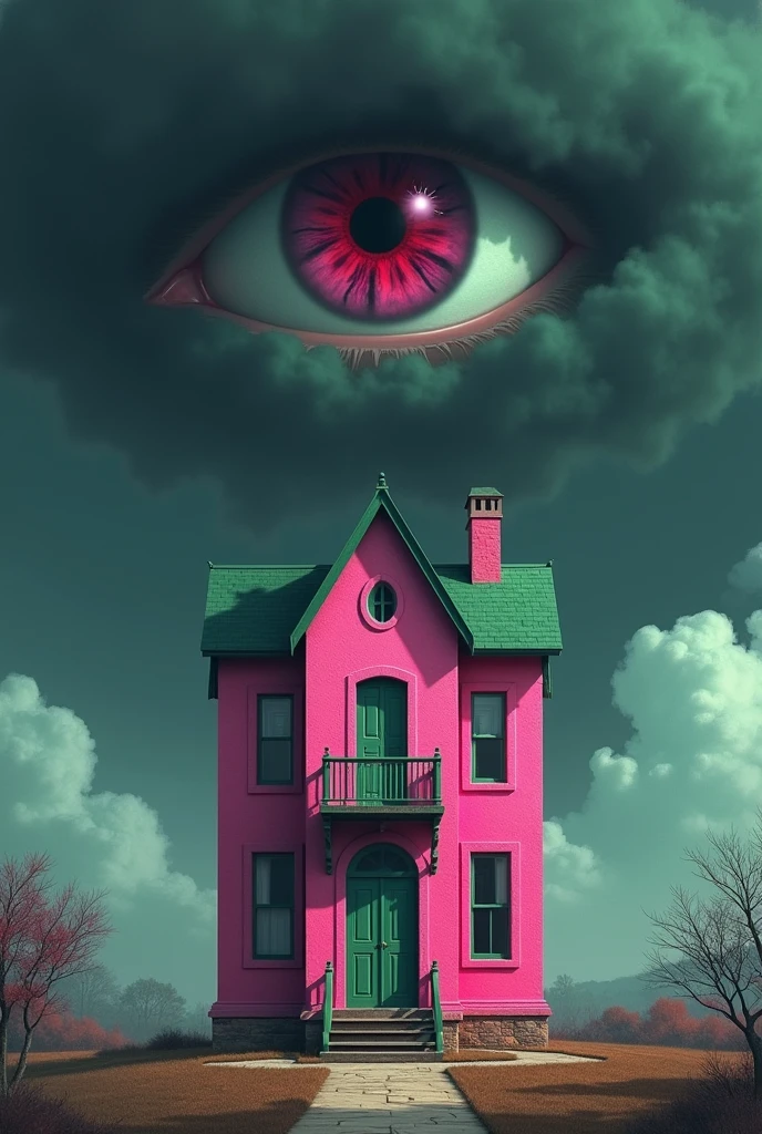 Unique Pink House Digital Art Illustration, And green, There are stairs and a balcony., There is a demon eye in the sky., In the center on a background of dark clouds.