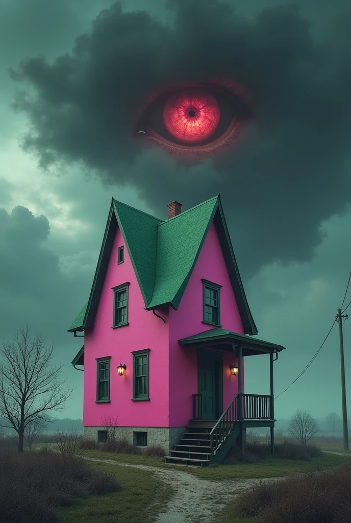 Unique Pink House Digital Art Illustration, And green, There are stairs and a balcony., There is a demon eye in the sky., In the center on a background of dark clouds.