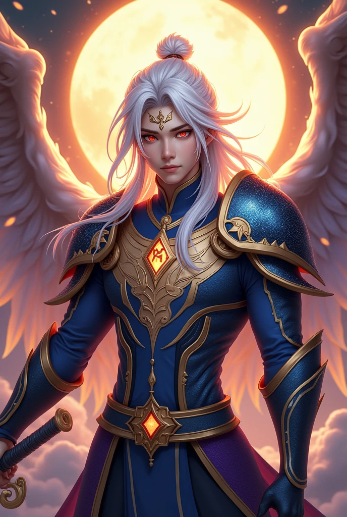Handsome young xianxia protagonist,man,guy,long silver hair, Crimson red and golden amber eyes combination ,and long silver hair with white undertone,and the golden rune motiv scratched on his forehead,use armour featuring like pattern on furr of white Tiger chinese with azure and white dominant color,pauldron protective shape like dragon head,breastplate featuring like azure dragon head,breastplate detailed azure dragon head shape,shoulder protective dragon shape like head red and blue,sun and moon circling at the background,the tassel of the armour like river of galaxy, combination of azure and white dominant color,white dominant color, white dominant color armour,with majestic purple line ,held mystical sword, And majestic golden wings at back,wings at back,terrifying aura around,24K ultra hd,face and eyes detail,lips and face detail,masterpiece ,better quality