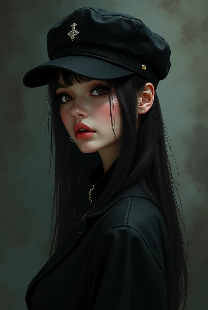A white girl with a diamond-shaped face with big eyes and eyelashes, thin nose, thick lips a little red and straight hair in cap, with a very small waist, dark style 