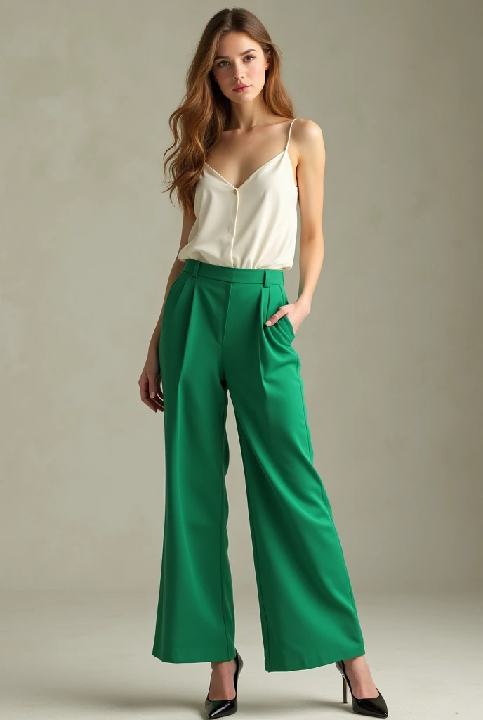 Realistic full body woman with long medium-blond brown hair wearing a white sleeveless blouse and bright green pants with black heels highlighting her large feet