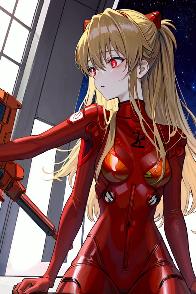 (cost view),Dynamic angle,Very detailed, illustration, close up, straight on, 1 girl, 
 ((Soryu Asuka Langley, headset interface, red bodysuit:1.4, Blonde)),Her eyes shone like dreamlike stars,(glowing eyes:1.233),(Beautiful and detailed eyes:1.1),(expressionless,gag),(stand), 
(Mechanic room with tools and spaceship window in white spaceship),
(nighttime:1.2),dreamlike, [[Delicate fingers and hands:0.55]::0.85],(inch details),