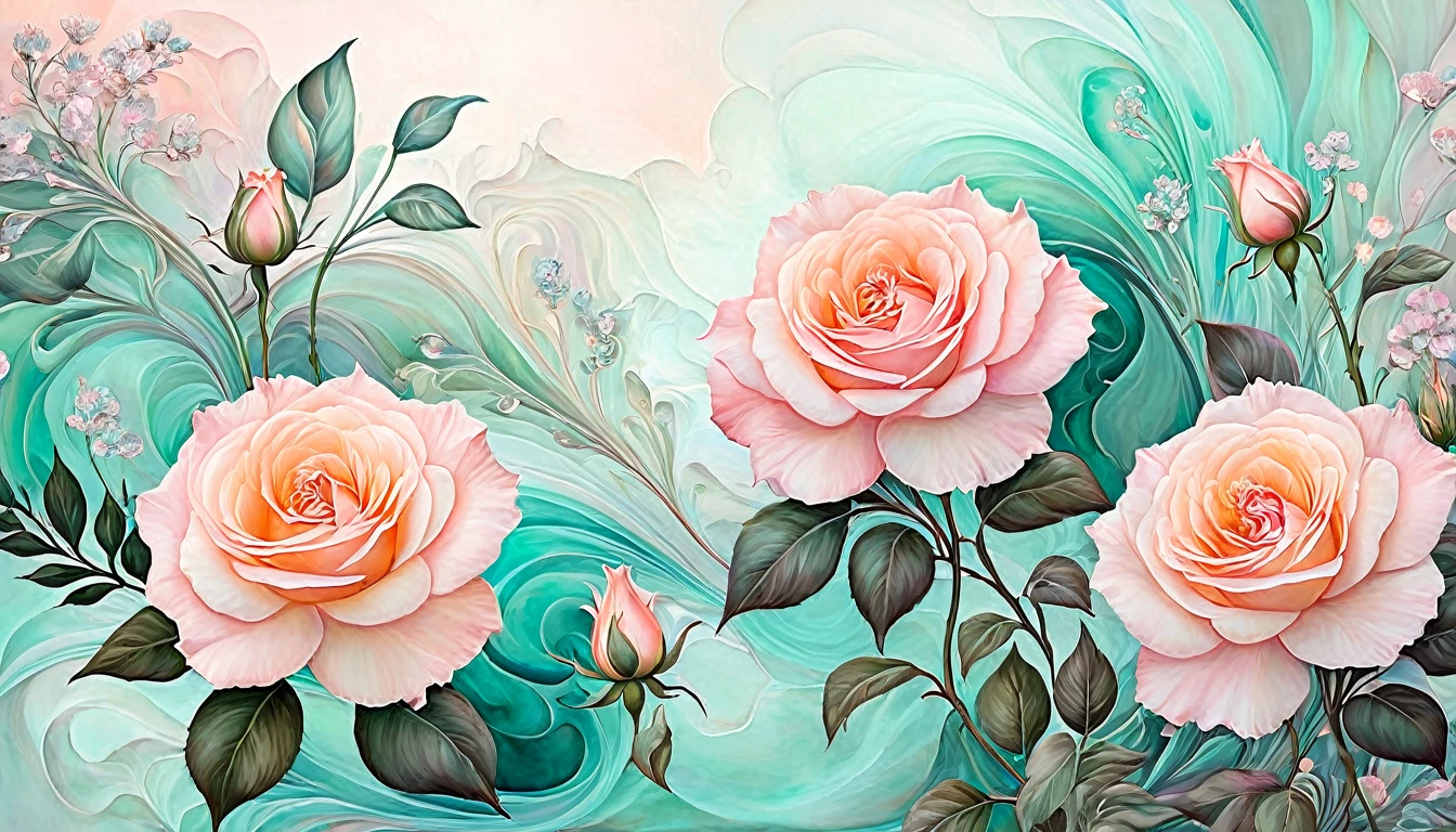 Whimsical fantasy elegant rose floral botany minimalism with a wave of flowers garden flowing flowers floating in hazy pastel pink, aqua green, pastel apricot, smoke fractal, moody and massively realistic flowers, octane rendering, Josephine wall art, Isabel Menin, Jean, Amy brown  