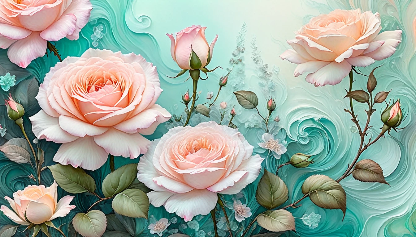 Whimsical fantasy elegant rose floral botany minimalism with a wave of flowers garden flowing flowers floating in hazy pastel pink, aqua green, pastel apricot, smoke fractal, moody and massively realistic flowers, octane rendering, Josephine wall art, Isabel Menin, Jean, Amy brown  