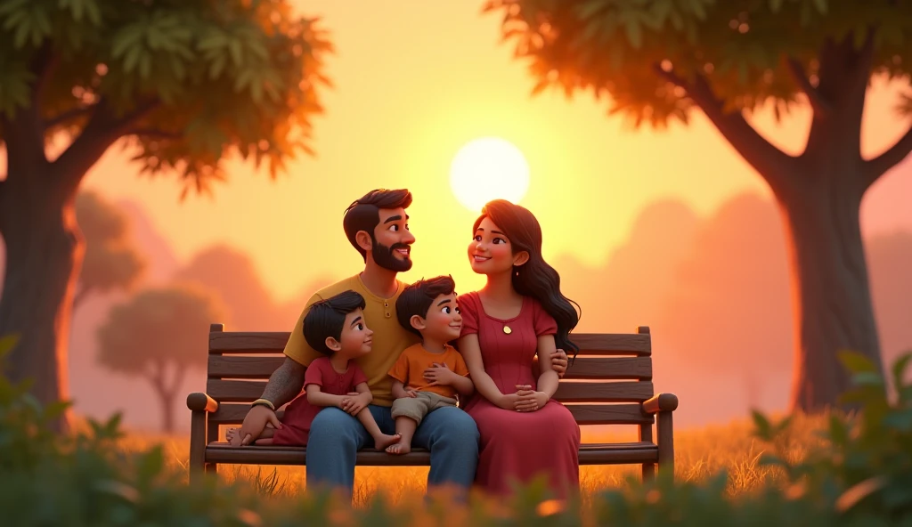 In 3d animation style:*Ramesh and his family in a peaceful, happy moment**, sitting together on a wooden bench outside their home, with a sunset in the background.
