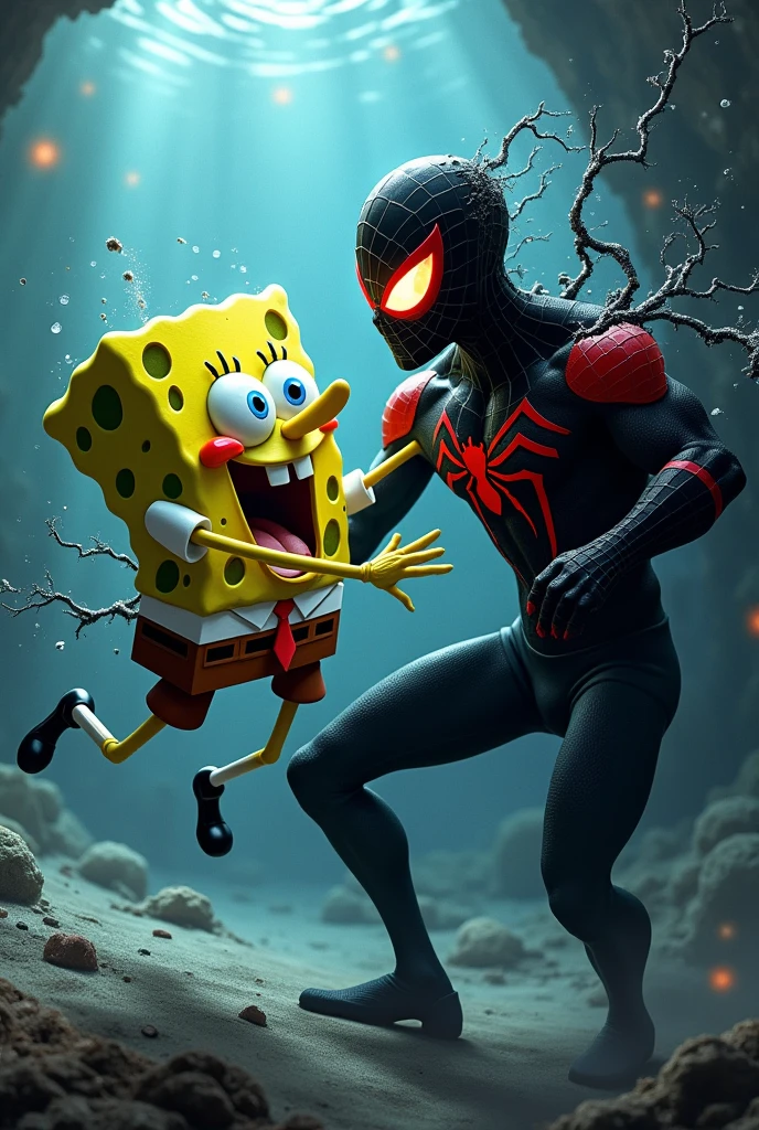 Spongebob fighting with black Spider-Man