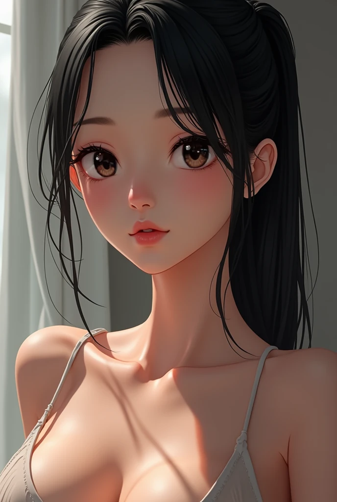 close up of 20 year old slim woman nsfw no dress, without sleeves, dark eyes, legs, long black hair, pulled back into a ponytail, Stunningly beautiful works of art, Maximalist, by Artgerm, Аниме 8K, 8k photo, trending on artstation.