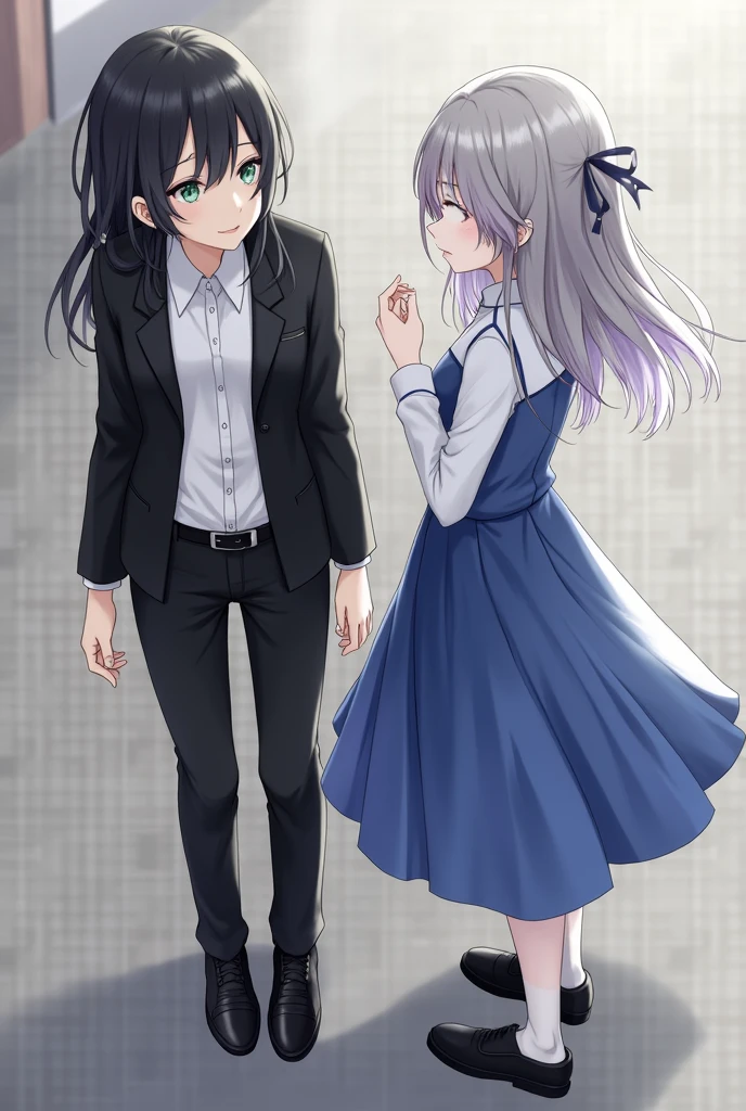 A girl with black hair and gray eyes, dressed in a white shirt, black jacket, black pants accompanied by a girl with gray and violet hair,green eyes and dressed in a blue dress and black shoes