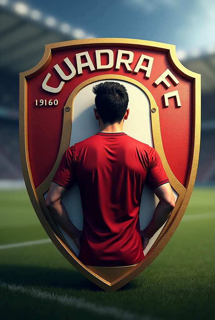 MAKE A FOOTBALL SHIELD WITH A SKIN-COLOURED SHIRT WITH THE NAME OF CUADRA FC