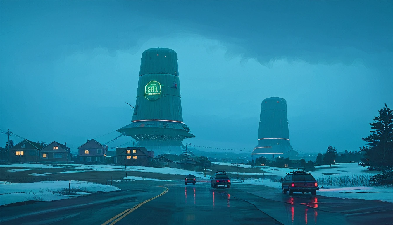 (lora:21Stalenhag:1),(masterpiece), (best quality), (ultra-detailed), (best illustration), (best shadow), (absurdres),((draw by Simon Stlenhag)), ((draw by Simon Stlenhag)), Simon Stlenhag style,SIMON STÅLENHAG, A rainy, dystopian cityscape viewed through a window with raindrops. In the distance, towering, futuristic advertising towers dominate the skyline, each covered in massive digital billboards displaying various logos, brands, and characters. The sky is a muted teal, casting a surreal atmosphere over the scene. The towers are interconnected by numerous thin cables, and below them, a sea of small suburban houses stretches out. The overall mood is one of futuristic, corporate domination over a residential area, A rainy evening scene on a highway, where cars drive toward a massive, futuristic tower in the distance. The view is through a windshield speckled with raindrops, creating a blurred, reflective effect. The tower is illuminated with red lights that glow ominously in the misty blue-green atmosphere. Thin cables extend from the tower into the foggy sky, adding to the sense of scale and mystery. The wet road reflects the tower's lights, emphasizing the moody and sligh A calm winter scene in a suburban neighborhood covered in snow. Above the houses, massive futuristic airships with glowing lights hover silently, casting a blue-green hue across the evening sky. A person dressed in warm clothing stands in the snow, holding packages, and gazing up at the airships in awe. The street is quiet, with footsteps visible in the snow leading to the houses, one of which has lights on, indicating warmth inside, A serene, dystopian landscape at dusk, featuring a vast, open field leading to a dark forest. In the background, towering, futuristic buildings with complex, stacked structures rise above the trees, glowing with blue and warm lights. A lone SUV drives on a narrow dirt road towards the forest, creating a sense of isolation. The sky is overcast with a cold, bluish hue